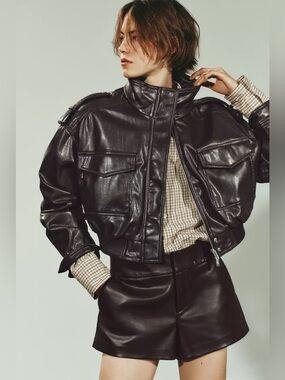 Zara Brown Faux Leather Bomber Jacket